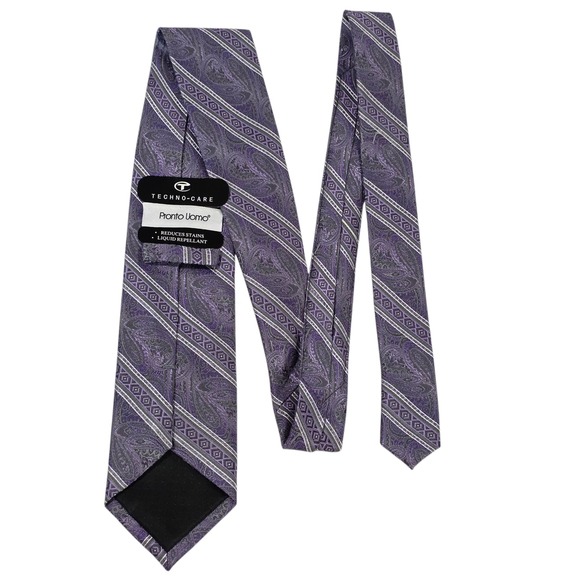 NWT Pronto Uomo Mens Necktie Purple Gray Paisley Silk Techno Care Handmade - Picture 1 of 9